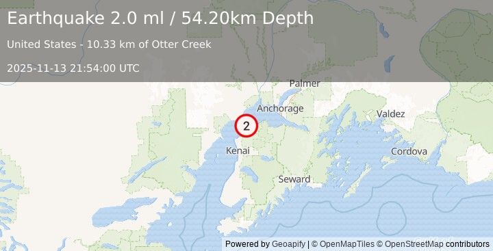 Earthquake 15 km W of Point Possession, Alaska (2.0 ml) (2025-11-13 21:54:01 UTC)