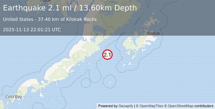 Earthquake 98 km W of Akhiok, Alaska (2.1 ml) (2025-11-13 22:01:22 UTC)