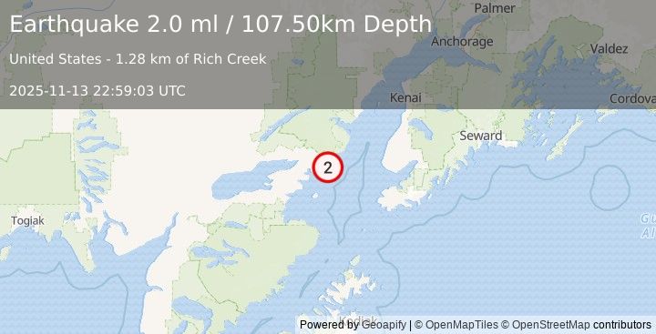 Earthquake 55 km E of Pedro Bay, Alaska (2.0 ml) (2025-11-13 22:59:03 UTC)