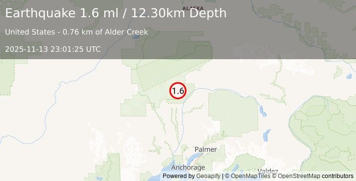 Earthquake 41 km NNE of Petersville, Alaska (1.6 ml) (2025-11-13 23:01:25 UTC)