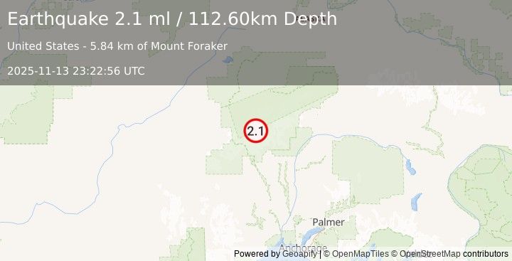 Earthquake 55 km NNW of Petersville, Alaska (2.1 ml) (2025-11-13 23:22:56 UTC)