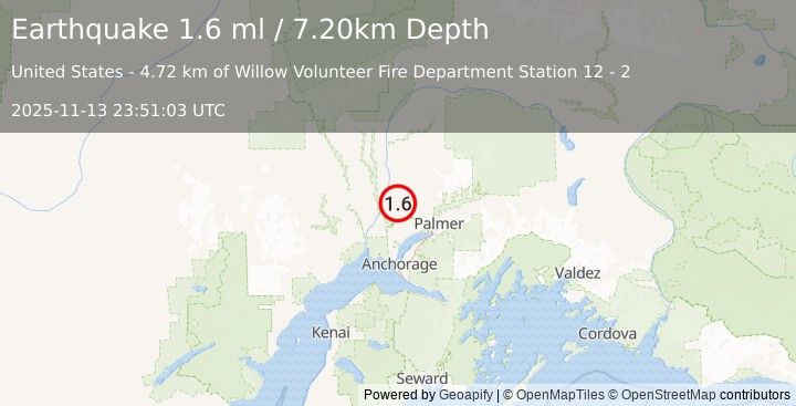 Earthquake 7 km NE of Willow, Alaska (1.6 ml) (2025-11-13 23:51:03 UTC)