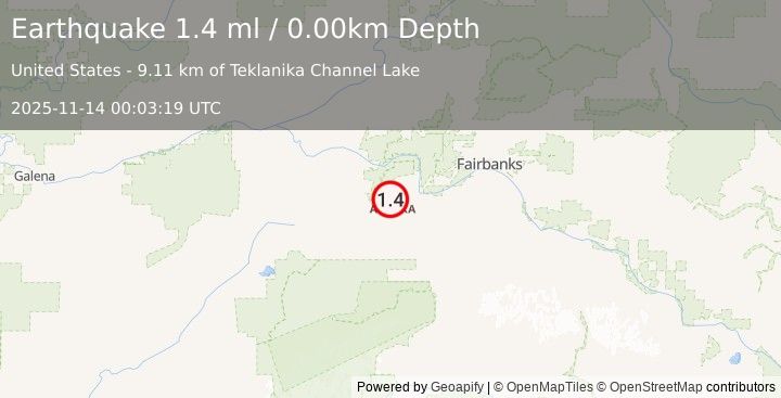Earthquake 29 km WSW of Four Mile Road, Alaska (1.4 ml) (2025-11-14 00:03:19 UTC)