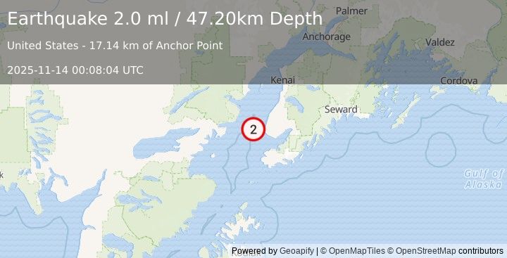 Earthquake 19 km W of Anchor Point, Alaska (2.0 ml) (2025-11-14 00:08:04 UTC)