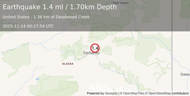Earthquake 11 km ENE of Fox, Alaska (1.4 ml) (2025-11-14 00:17:54 UTC)