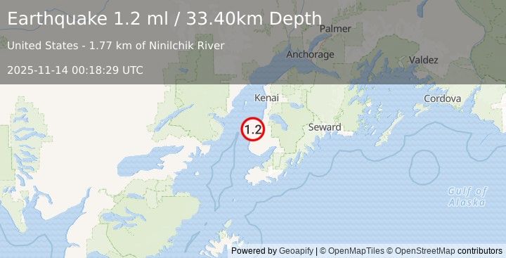 Earthquake 2 km NNW of Ninilchik, Alaska (1.2 ml) (2025-11-14 00:18:29 UTC)