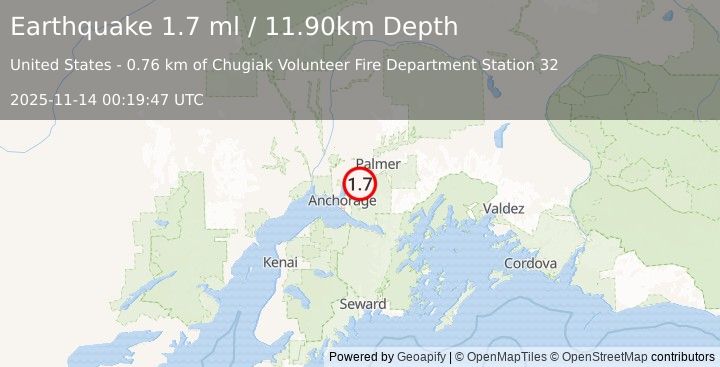 Earthquake 8 km NNE of Eagle River, Alaska (1.7 ml) (2025-11-14 00:19:47 UTC)