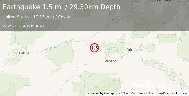 Earthquake 22 km WSW of Manley Hot Springs, Alaska (1.5 ml) (2025-11-14 00:54:41 UTC)