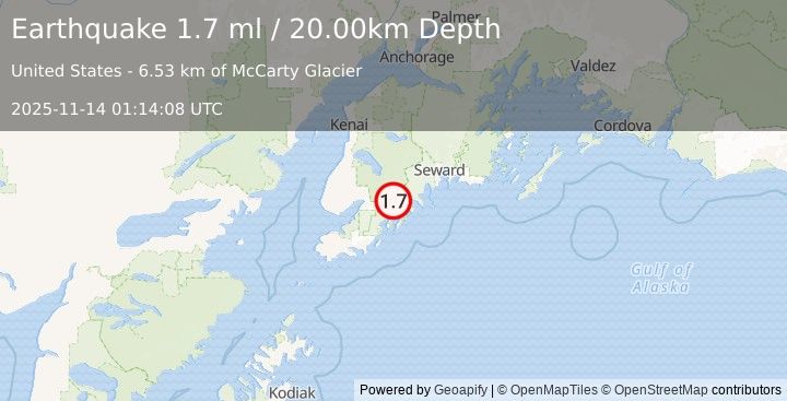 Earthquake 34 km ESE of Fox River, Alaska (1.7 ml) (2025-11-14 01:14:08 UTC)