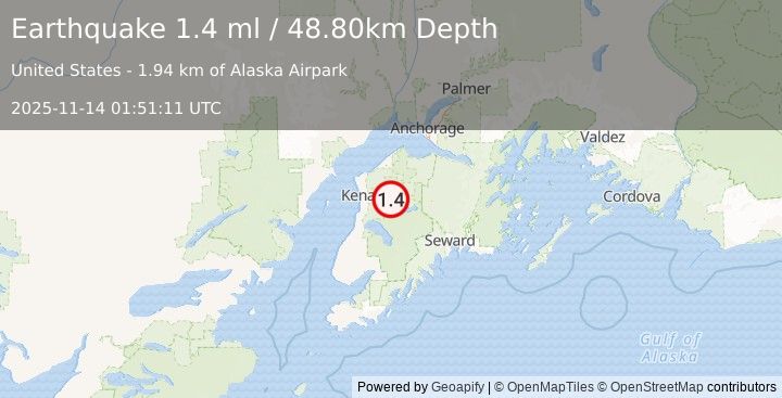 Earthquake 7 km E of Funny River, Alaska (1.4 ml) (2025-11-14 01:51:11 UTC)
