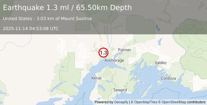 Earthquake 11 km WSW of Susitna, Alaska (1.3 ml) (2025-11-14 04:53:08 UTC)