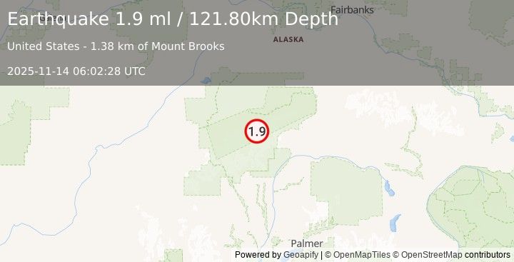 Earthquake 66 km SE of Denali National Park, Alaska (1.9 ml) (2025-11-14 06:02:28 UTC)