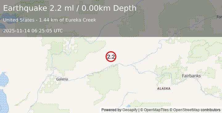 Earthquake 65 km SE of Hughes, Alaska (2.3 ml) (2025-11-14 06:25:03 UTC)