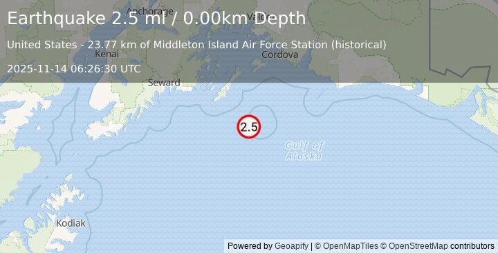 Earthquake 130 km SSE of Chenega, Alaska (2.6 ml) (2025-11-14 06:26:27 UTC)