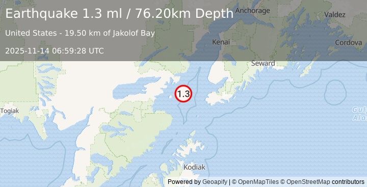 Earthquake 54 km W of Nanwalek, Alaska (1.3 ml) (2025-11-14 06:59:28 UTC)