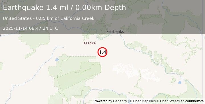 Earthquake 25 km NE of Ferry, Alaska (1.4 ml) (2025-11-14 08:47:24 UTC)