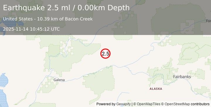 Earthquake 65 km SE of Hughes, Alaska (2.5 ml) (2025-11-14 10:45:12 UTC)