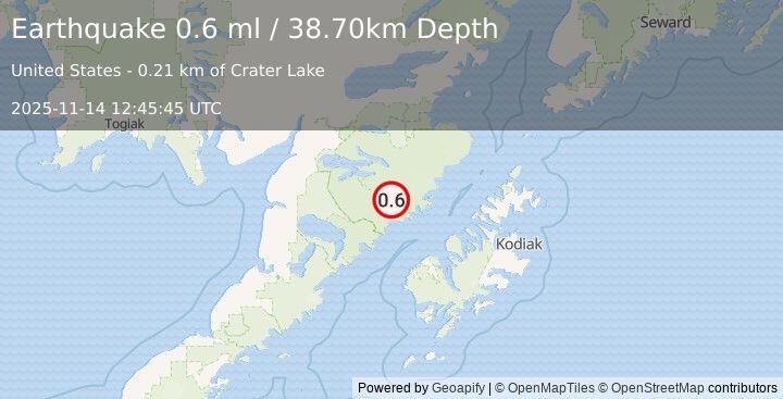 Earthquake 83 km NNW of Karluk, Alaska (0.6 ml) (2025-11-14 12:45:45 UTC)