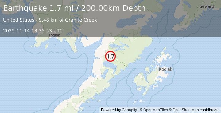 Earthquake 50 km SSE of King Salmon, Alaska (1.7 ml) (2025-11-14 13:35:53 UTC)