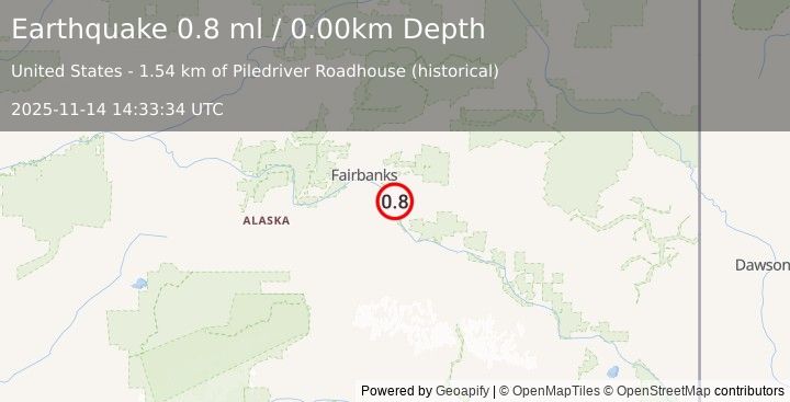 Earthquake 6 km SSW of Eielson Air Force Base, Alaska (0.8 ml) (2025-11-14 14:33:33 UTC)