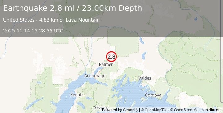 Earthquake 9 km NNE of Sutton-Alpine, Alaska (2.8 ml) (2025-11-14 15:28:56 UTC)