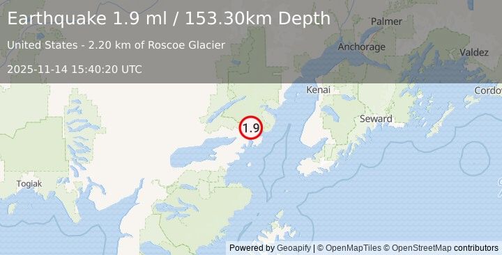 Earthquake 44 km ENE of Pedro Bay, Alaska (1.9 ml) (2025-11-14 15:40:20 UTC)