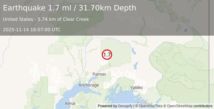 Earthquake 54 km N of Chickaloon, Alaska (1.7 ml) (2025-11-14 16:07:00 UTC)