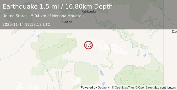 Earthquake 62 km ENE of Cantwell, Alaska (1.5 ml) (2025-11-14 17:17:13 UTC)