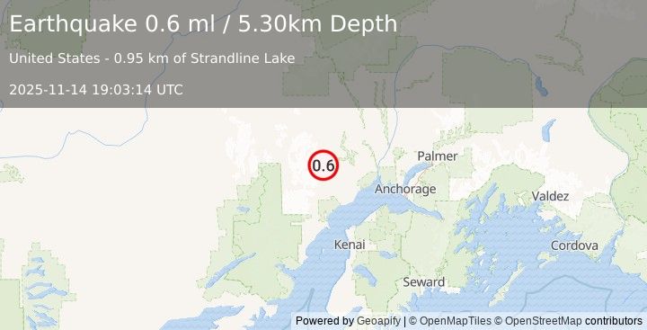 Earthquake 58 km NW of Beluga, Alaska (0.6 ml) (2025-11-14 19:03:14 UTC)