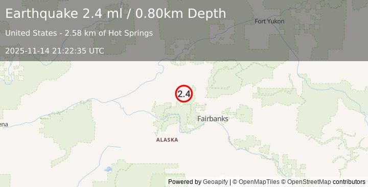 Earthquake 24 km NE of Minto, Alaska (2.4 ml) (2025-11-14 21:22:35 UTC)