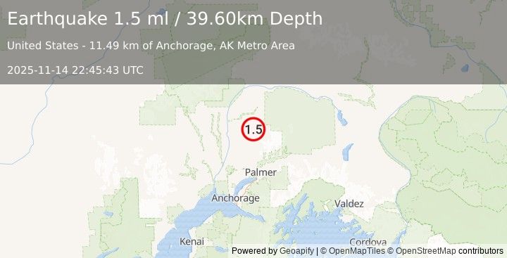Earthquake 28 km ENE of Susitna North, Alaska (1.5 ml) (2025-11-14 22:45:43 UTC)