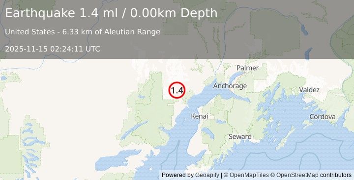Earthquake 61 km W of Tyonek, Alaska (1.4 ml) (2025-11-15 02:24:11 UTC)