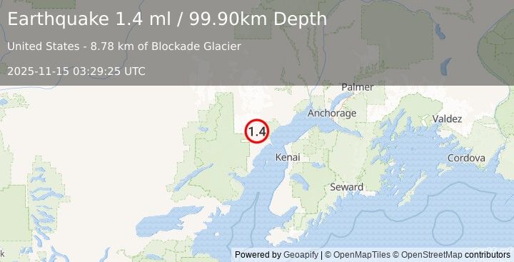 Earthquake 57 km WNW of Nikiski, Alaska (1.4 ml) (2025-11-15 03:29:25 UTC)