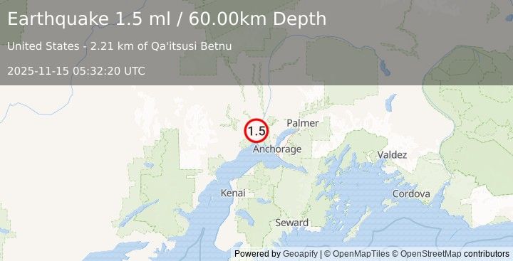 Earthquake 6 km S of Susitna, Alaska (1.5 ml) (2025-11-15 05:32:20 UTC)