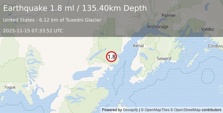 Earthquake 63 km E of Port Alsworth, Alaska (1.8 ml) (2025-11-15 07:33:52 UTC)
