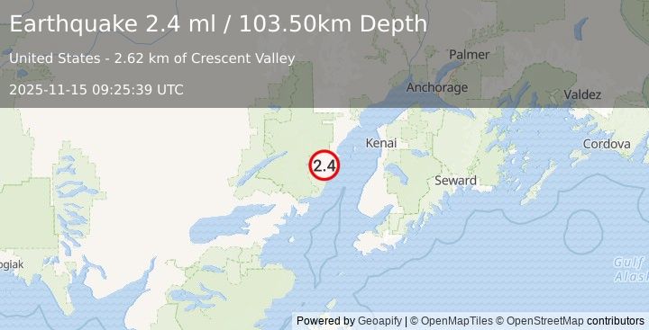 Earthquake 63 km WNW of Ninilchik, Alaska (2.5 ml) (2025-11-15 09:25:40 UTC)