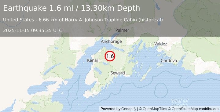 Earthquake 25 km NNW of Cooper Landing, Alaska (1.6 ml) (2025-11-15 09:35:35 UTC)