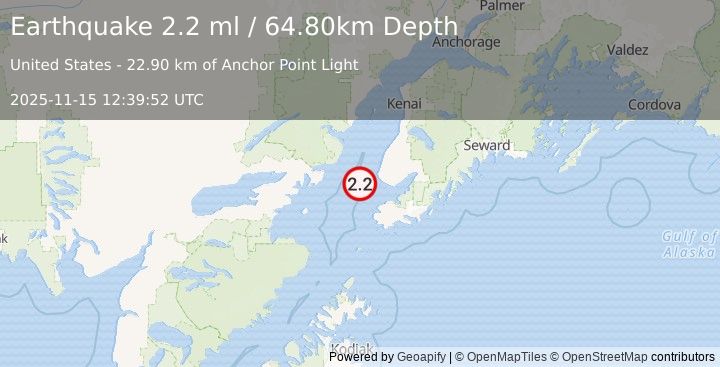 Earthquake 25 km WSW of Anchor Point, Alaska (2.2 ml) (2025-11-15 12:39:52 UTC)