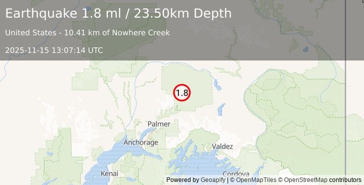 Earthquake 52 km NNE of Chickaloon, Alaska (1.8 ml) (2025-11-15 13:07:14 UTC)