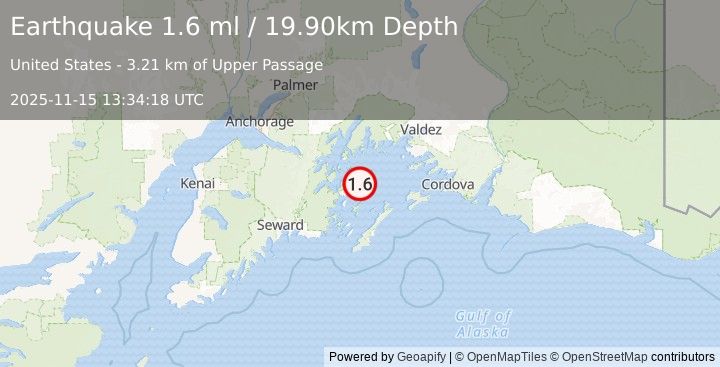 Earthquake 56 km NNE of Chenega, Alaska (1.6 ml) (2025-11-15 13:34:18 UTC)