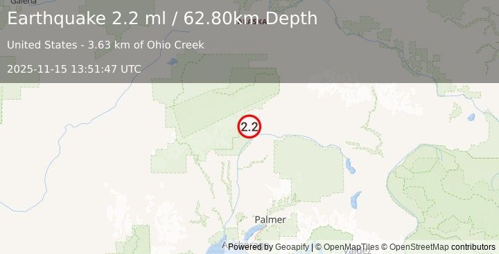 Earthquake 59 km NNE of Chase, Alaska (2.2 ml) (2025-11-15 13:51:47 UTC)