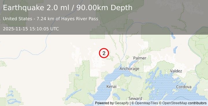 Earthquake 32 km SW of Skwentna, Alaska (2.0 ml) (2025-11-15 15:10:05 UTC)