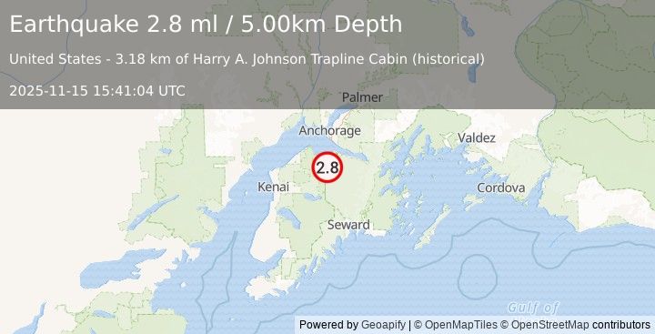Earthquake 22 km SW of Hope, Alaska (2.8 ml) (2025-11-15 15:41:04 UTC)
