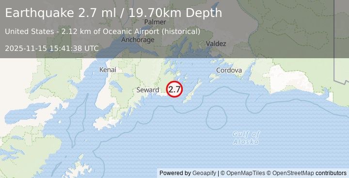 Earthquake 13 km WNW of Chenega, Alaska (2.7 ml) (2025-11-15 15:41:38 UTC)
