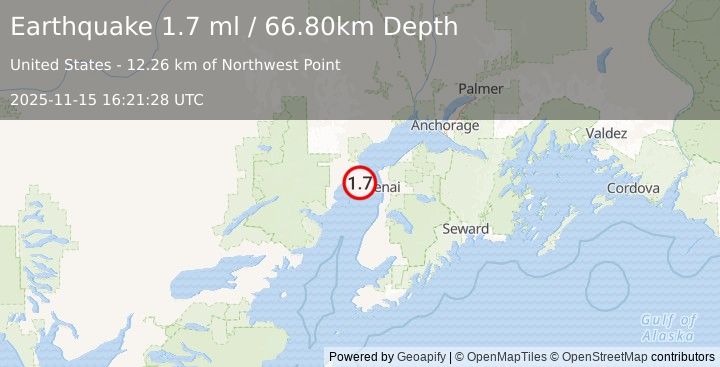 Earthquake 24 km W of Salamatof, Alaska (1.7 ml) (2025-11-15 16:21:28 UTC)