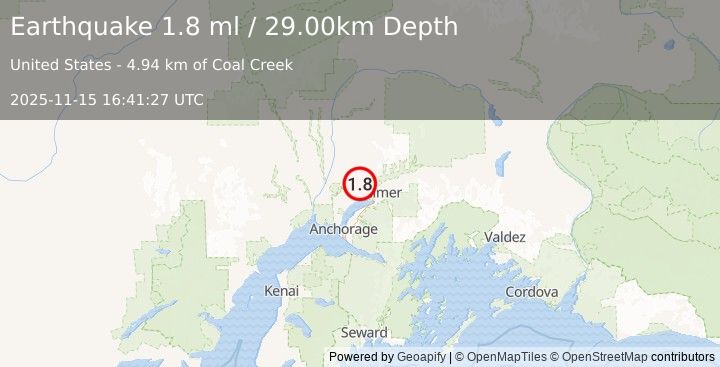 Earthquake 8 km NNE of Meadow Lakes, Alaska (1.8 ml) (2025-11-15 16:41:27 UTC)