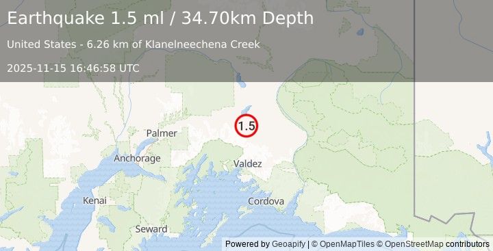 Earthquake 36 km SSE of Nelchina, Alaska (1.5 ml) (2025-11-15 16:46:58 UTC)
