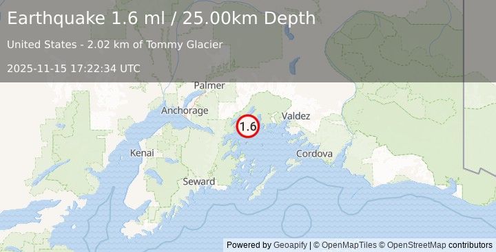 Earthquake 49 km ENE of Whittier, Alaska (1.6 ml) (2025-11-15 17:22:34 UTC)