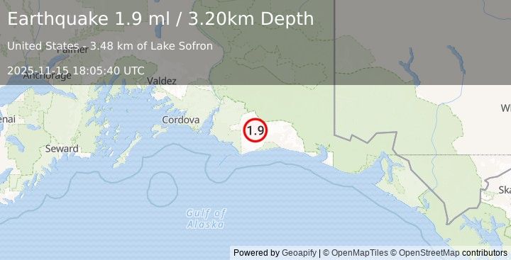 Earthquake 120 km SSW of McCarthy, Alaska (1.9 ml) (2025-11-15 18:05:40 UTC)