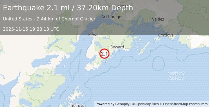 Earthquake 30 km E of Fox River, Alaska (2.1 ml) (2025-11-15 19:28:13 UTC)
